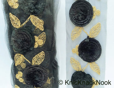 Black Net Lace Trim With Black Thread Flowers and Gold Leaves Embroidery, Approx. 95mm wide